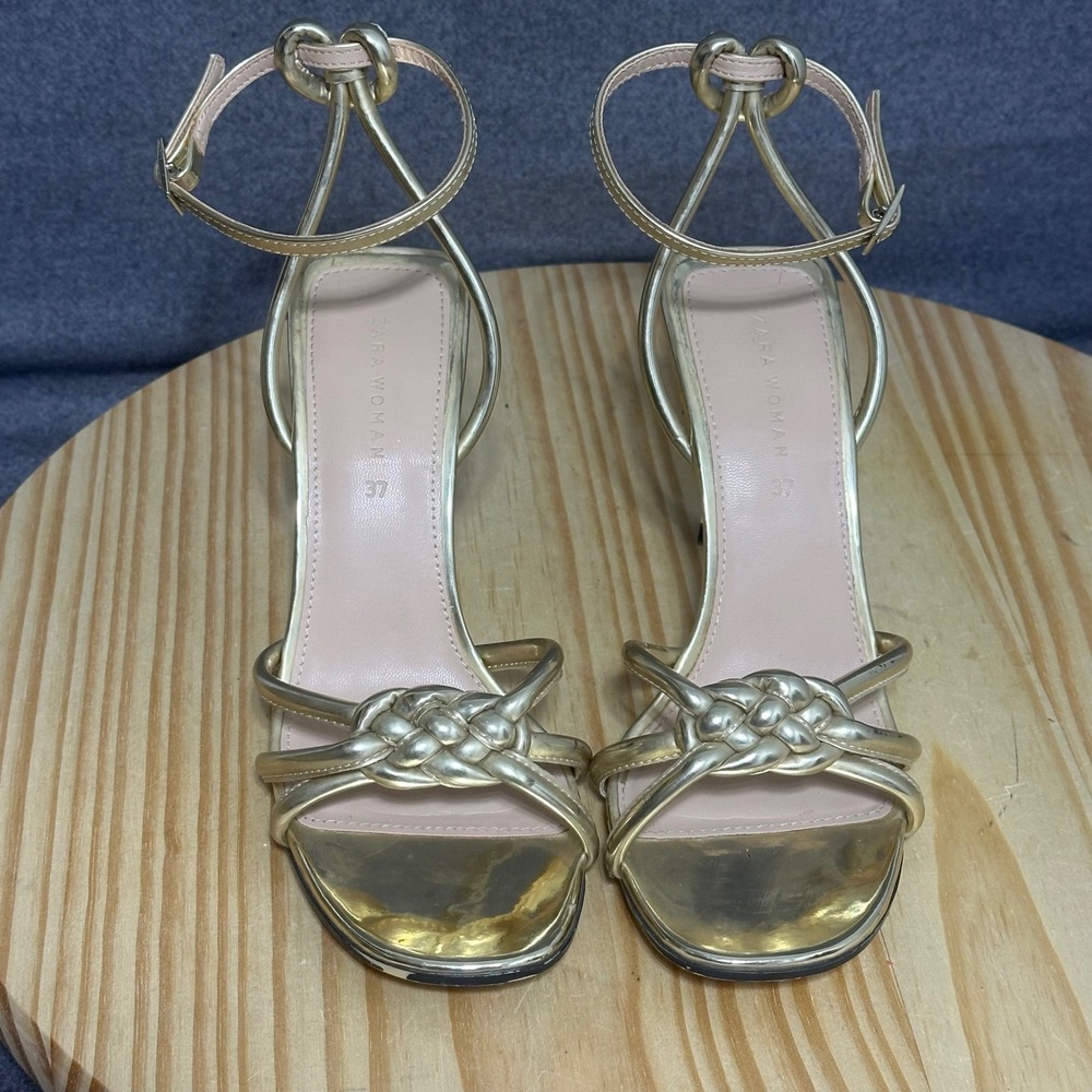 ZARA WOMAN Gold Metallic Strappy Knot Stiletto Heels Ankle Strap Sandals Size 37
